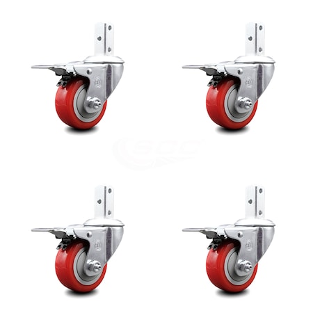 Service Caster 3 Inch Red Poly Wheel Swivel 7/8 Inch Square Stem Caster Set Total Lock Brake SCC-SQTTL20S314-PPUB-RED-78-4